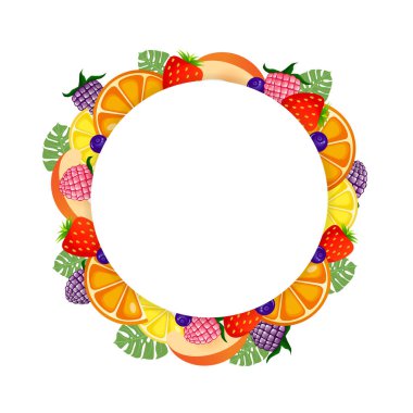 İçinde ahududu, böğürtlen, çilek, yaban mersini, şeftali, portakal ve yeşillik olan boş bir şablon. Meyve ve meyvelerin vektör karikatür elementleri. Vektör çizimi. Boşluğu kopyala