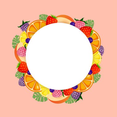 İçinde ahududu, böğürtlen, çilek, yaban mersini, şeftali, portakal ve yeşillik olan boş bir şablon. Meyve ve meyvelerin vektör karikatür elementleri. Vektör çizimi. Boşluğu kopyala