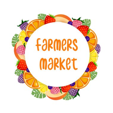 Ahududu, böğürtlen, çilek, böğürtlen, şeftali, portakal ve yeşillik içeren market harfleri. Meyvelerin vektör karikatür elementleri. Vektör çizimi. Tasarımınız için yuvarlak şablon