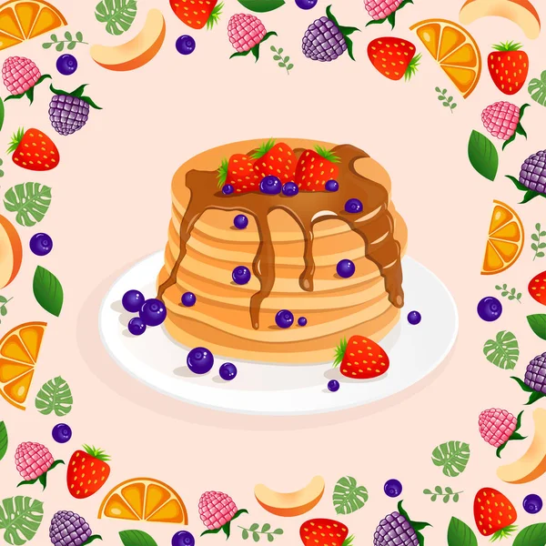 Vector Illustratie Een Roze Achtergrond Pannenkoeken Met Honing Aardbeien Bosbessen — Stockvector