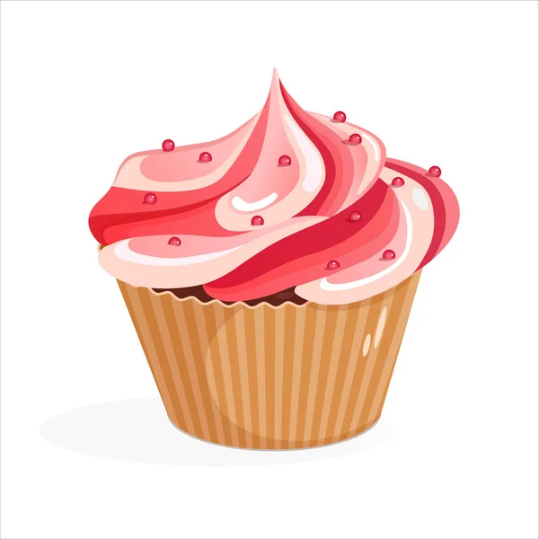 Kreslený Košíček Růžovou Smetanou Vektorová Ilustrace Lahodného Muffinu Izolovaného Bílém — Stockový vektor