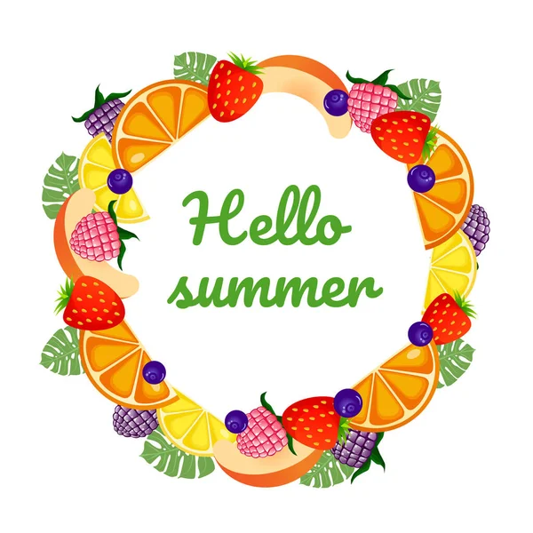 Hello Summer Lettering Raspberry Blackberry Strawberry Blueberry Peach Orange Greenery — Stock Vector