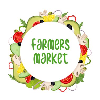 Çizgi film tarzında sebzeler. Vektör çizimi. Yuvarlak harfli şablon çiftçi pazarı. Domates, avokado, zeytin, mantar, limon, salatalık, biber, marul, soğan. Poster ve reklam için..