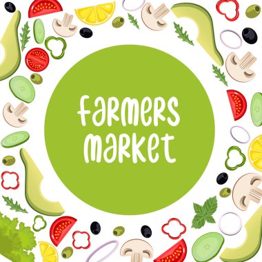 Çizgi film tarzında sebzeler. Vektör çizimi. Kare çerçeveli domates, avokado, zeytin, mantar, limon, salatalık, biber, marul, soğan. Yeşil arkaplan çiftçi pazarı üzerine metin.