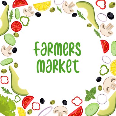 Çizgi film tarzında sebzeler. Vektör çizimi. Harfli pazarlı kare çerçeve. Domates, avokado, zeytin, mantar, limon, salatalık, biber, marul, soğan....