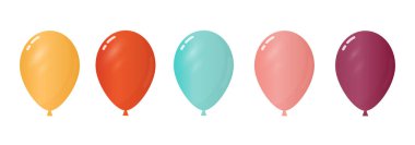 İzole edilmiş beyaz arka planda pembe, mavi, sarı, mor ve turuncu balonlar. Çizgi filmlerdeki helyum balonları tasviri. Vektör seti