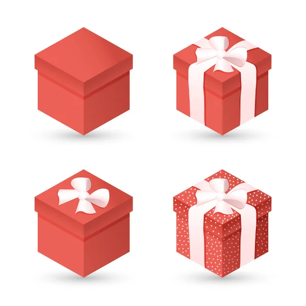 Set of red gift boxes with polka dots, with bow, ribbon on white isolated background. Realistic 3D gift for New Year, Christmas, Birthday, Valentines Day, holiday, party. Vector illustration. — Stock Vector