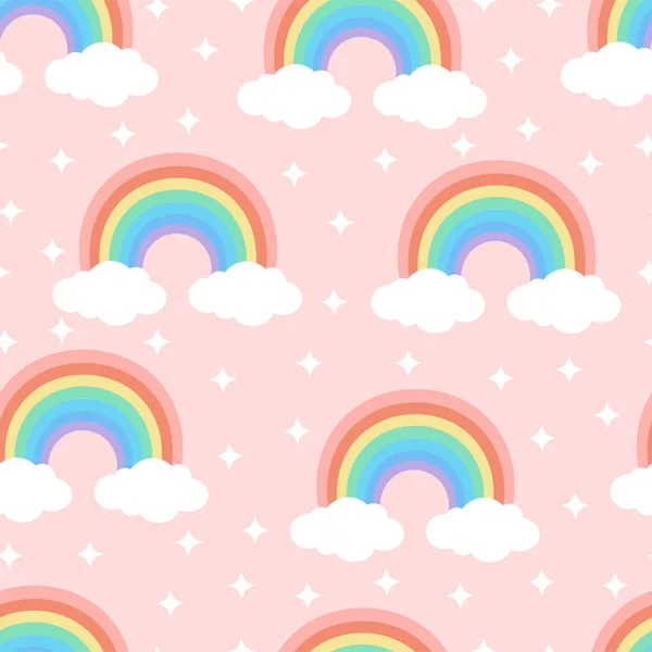 Seamless Cartoon Texture Rainbow Cute Clouds Stars Pink Background Vector — Stock Vector