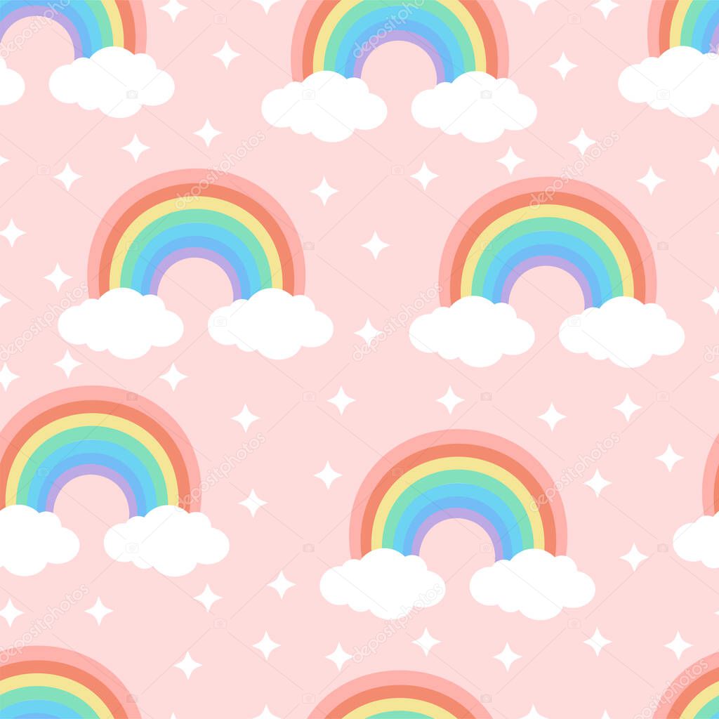 Seamless cartoon texture with rainbow, cute clouds and stars on a pink background. Vector illustration for fabrics, textures, wallpapers, posters, stickers. Childish fun print. Editable elements