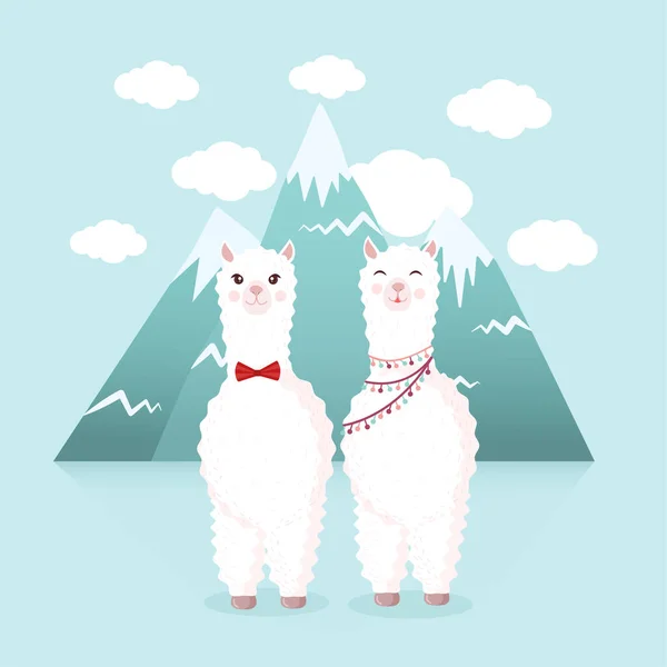 Linda Pareja Enamorada Llama Alpaca Fondo Las Montañas Las Nubes — Vector de stock