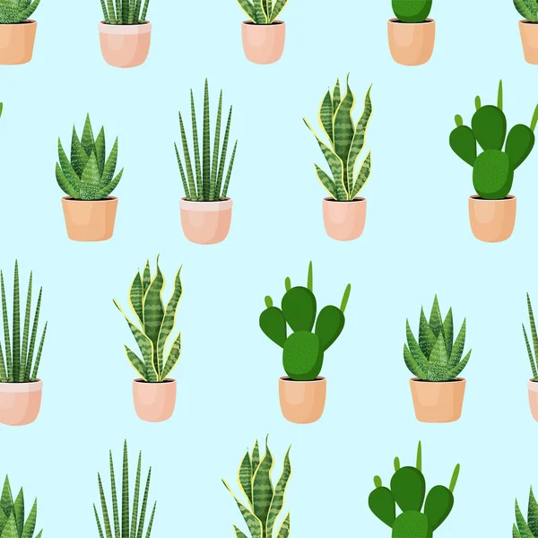 Naadloos Patroon Met Planten Potten Een Blauwe Achtergrond Vector Illustratie — Stockvector