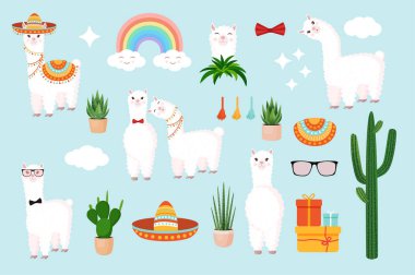 Mavi arka planda şirin ve şenlikli lama ve alpaka koleksiyonu. Kartpostal, poster, ambalaj kağıdı, tekstil, defter, koleksiyon defteri tasarımınız için dekoratif unsurlar.