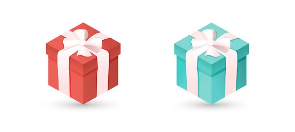 Set de caja regalo roja y azul con lazo y cinta sobre fondo blanco aislado. Regalo realista 3D para Año Nuevo, Navidad, Cumpleaños, Día de San Valentín, día festivo, fiesta. Ilustración vectorial. — Vector de stock