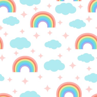 Cute seamless pattern with rainbows, clouds and stars on a white background. Vector illustration for fabrics, textures, wallpapers, posters, postcards. Childish fun print. Editable elements