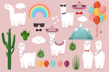 Pembe arka planda şirin ve şenlikli lama ve alpakalar koleksiyonu. Kartpostal, poster, ambalaj kağıdı, tekstil, defter, koleksiyon defteri tasarımınız için dekoratif unsurlar.