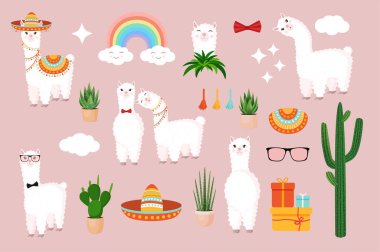 Pembe arka planda şirin ve şenlikli lama ve alpakalar koleksiyonu. Kartpostal, poster, ambalaj kağıdı, tekstil, defter, koleksiyon defteri tasarımınız için dekoratif unsurlar.