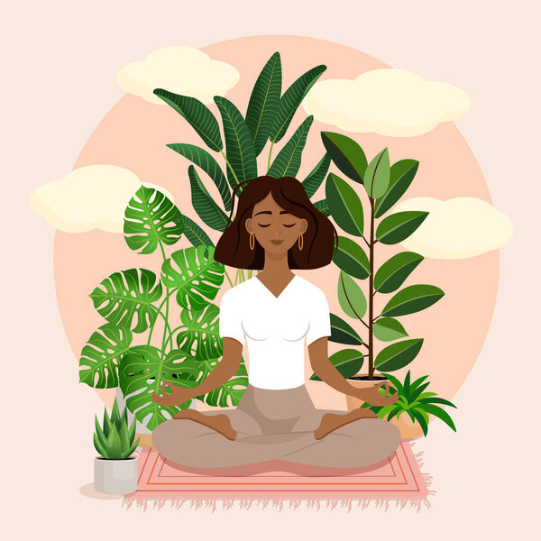Beautiful African American brunette girl in a lotus pose surrounded by plants. Vector illustration of a meditating woman at home. Harmony and balance. Crossed legs. Girl in the interior