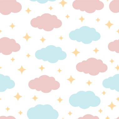 Beyaz arka planda bulutları ve sarı yıldızları olan hoş, pürüzsüz bir desen. Kumaşlar, dokular, duvar kağıtları, posterler, kartpostallar için vektör çizimi. Çocuksu, eğlenceli baskı. Düzenlenebilir ögeler.
