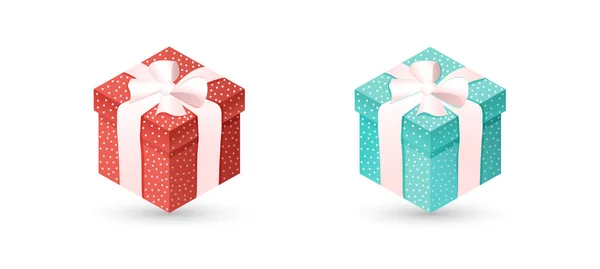 Ensemble Boîtes Cadeaux Pois Rouges Bleus Avec Arc Ruban Sur — Image vectorielle