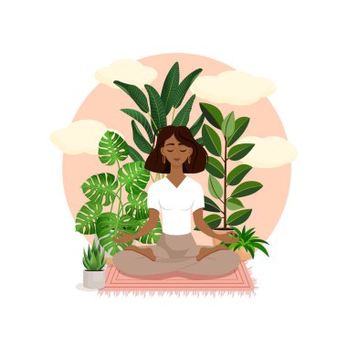 Güzel Afro-Amerikan esmer kız nilüfer çiçekleri ile çevrili. Evinde meditasyon yapan bir kadının vektör çizimi. Uyum ve denge. Bacak bacak üstüne attım. İçerideki kız.