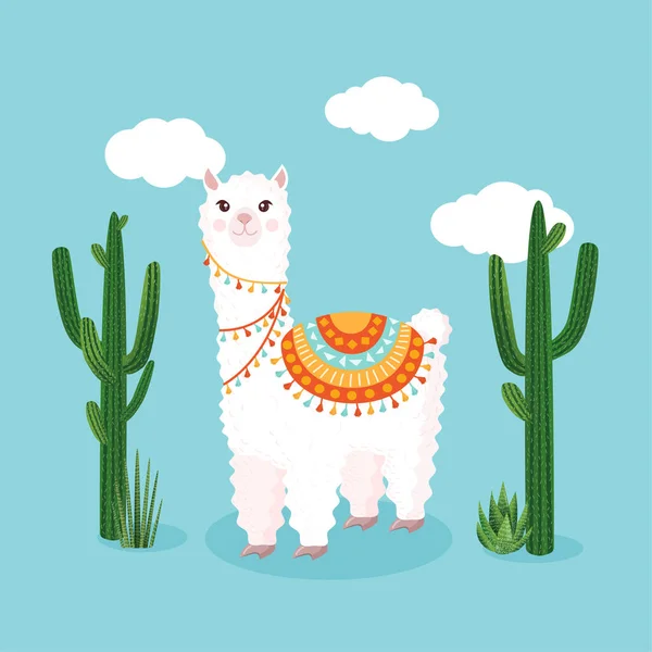 Festive Llama Alpaca Background Cheerful Clouds Kautuses Vector Illustration Greeting — Stock Vector