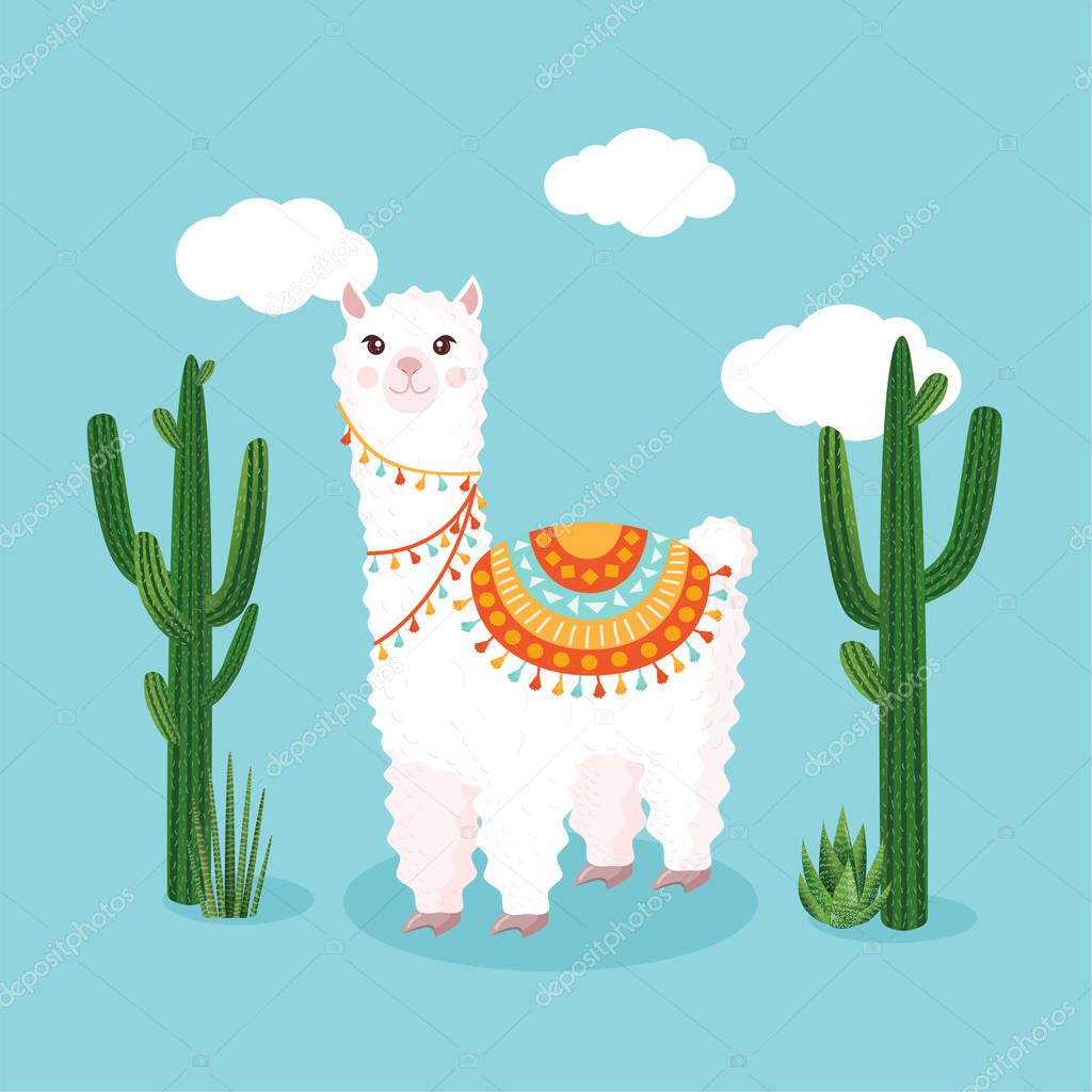 Festive llama or alpaca against the background of cheerful clouds and kautuses. Vector illustration for greeting card, poster, texture, textile, decor. Cartoon character