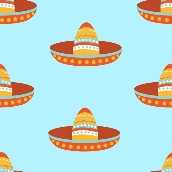 Patrón sin costuras con sombrero mexicano sobre fondo azul. Diseño festivo y fiesta. Decoración con adorno étnico. Ilustración vectorial para tela, textura, papel pintado, carteles, postales. — Archivo Imágenes Vectoriales