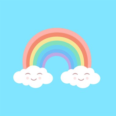 İzole edilmiş mavi arka planda şirin bulutları olan gökkuşağı. Kumaşlar, dokular, duvar kağıtları, posterler, çıkartmalar, kartpostallar için vektör çizimi. Çocuksu eğlence baskısı.