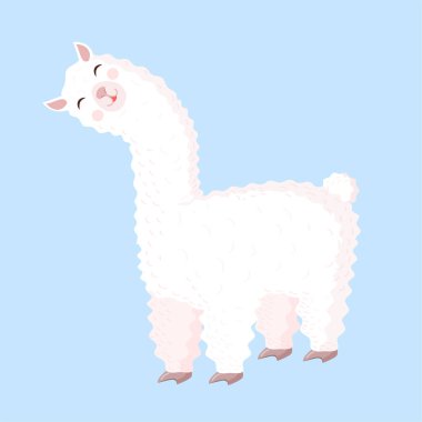Mavi arka planda şirin lama ya da alpaka. Bebek dokusu, tekstil, kumaş, poster, tebrik kartı, dekor için vektör illüstrasyonu.