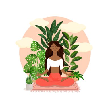 Güzel Afro-Amerikan esmer kız nilüfer çiçekleri ile çevrili. Evinde meditasyon yapan bir kadının vektör çizimi. Uyum ve denge. Bacak bacak üstüne attım. İçerideki kız.