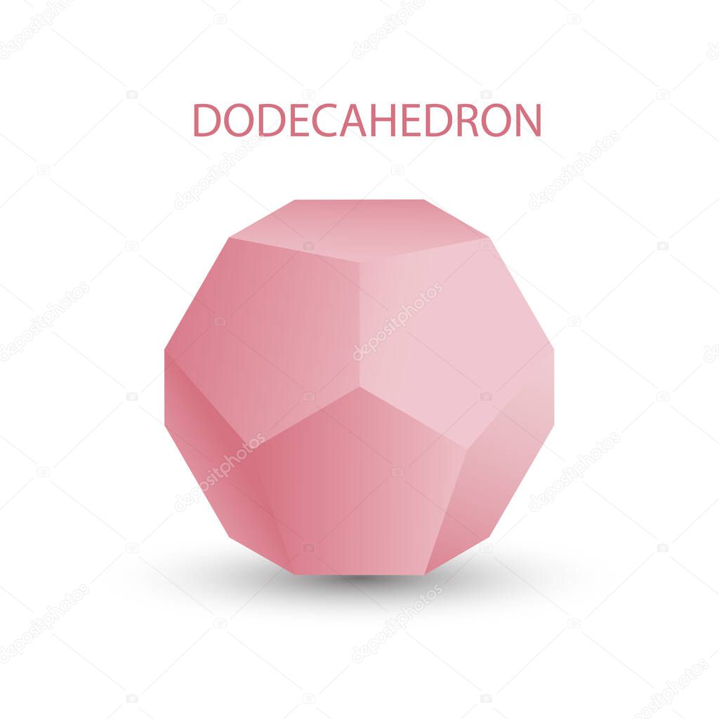 Vector illustration of a pink dodecahedron on a white background with a gradient for games, icons, packaging designs,logo, mobile, ui, web. Platonic solid