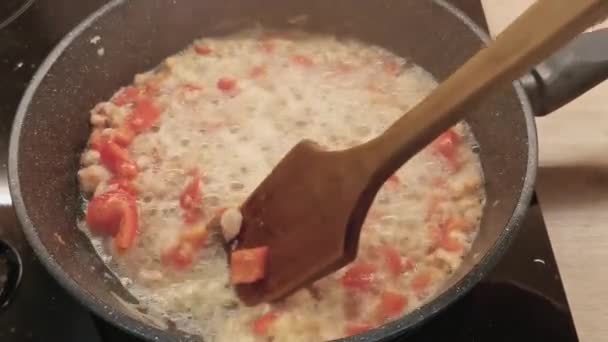 Proceso Hacer Una Salsa Con Camarones Pimientos Tomates Condimentos Vídeo — Vídeo de stock