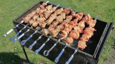 Yazın açık havada şiş şiş kebap pişirme süreci. Hafta sonu pikniği. Sokak yemeği. Domuz eti ve tavuk ateşte. Izgarada ızgara şiş kebap. Barbekü ve barbekü.