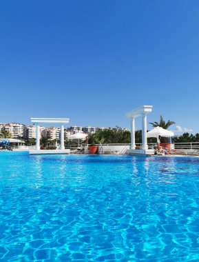 Nice view of the blue water in the pool. The Aegean sea. Turkey, Kusadasi
