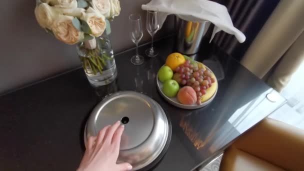 Beautiful Festive Breakfast Cheese Cakes Bouquets Flowers Wine Fruits Breakfast — Stock Video
