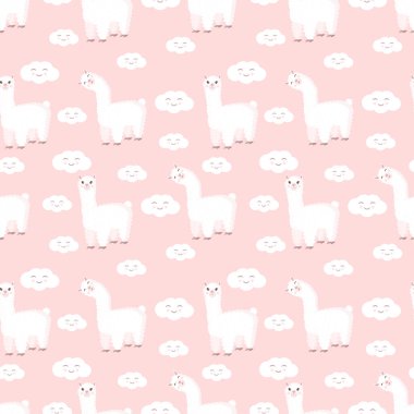 Pembe arka planda, komik lama ve bulutlarla kusursuz bir desen. Bebek dokusu, tekstil, kumaş, poster, tebrik kartı ve dekor için uygun vektör çizimi. Peru 'dan tatlı alpaka.