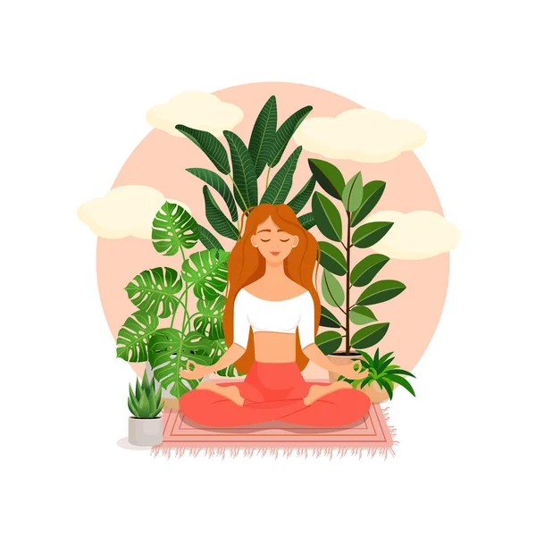 Krásná zrzavá dívka v lotosové póze obklopená rostlinami. Vektorová ilustrace meditující ženy doma. Harmonie a rovnováha. Zkřížené nohy. Dívka v interiéru. — Stockový vektor