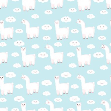 Tuhaf bir lama ve mavi arka planda bulutlar olan kusursuz bir desen. Bebek dokusu, tekstil, kumaş, poster, tebrik kartı ve dekor için uygun vektör çizimi. Peru 'dan tatlı alpaka..