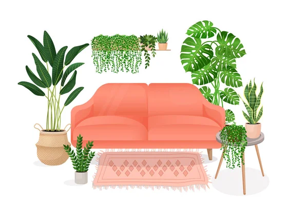 Wohnzimmereinrichtung Bequemes Sofa Tisch Mit Pflanzen Teppich Ficus Monstera Vektor — Stockvektor