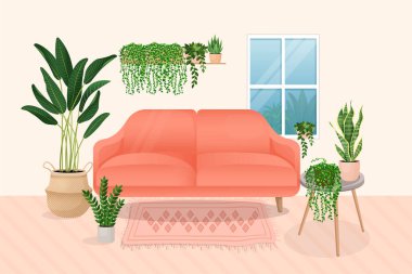 Oturma odasının içi. Rahat bir kanepe, pencere, bitkilerle dolu bir masa, halı, incir ağacı, canavar. Odanın vektör düz çizimi