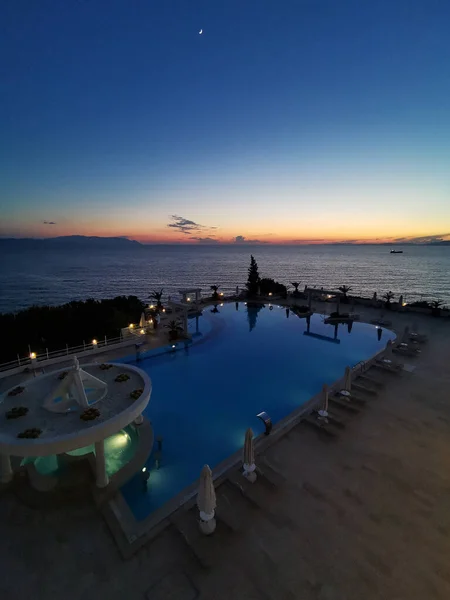 Piękny Zachód Słońca Nad Pustym Basenem Morzem Morze Egejskie Turcja — Zdjęcie stockowe