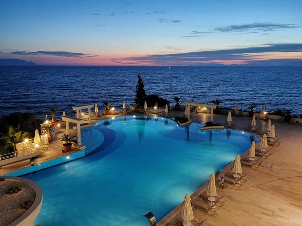 Piękny Zachód Słońca Nad Pustym Basenem Morzem Morze Egejskie Turcja — Zdjęcie stockowe