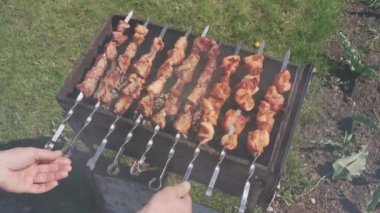 Yazın açık havada şiş şiş kebap pişirme süreci. Hafta sonu pikniği. Sokak yemeği. Domuz eti ve tavuk ateşte. Izgarada ızgara şiş kebap. Barbekü ve barbekü.