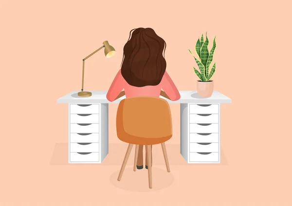 Woman Freelancer Student Sits Table Isolated Background Back View Girl — Stock Vector