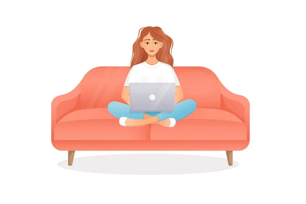 Wanita Bahagia Duduk Dengan Laptop Sofa Dengan Latar Belakang Putih - Stok Vektor