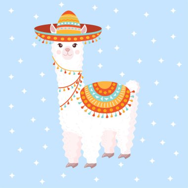 Şirin lama ya da erkek papyonlu alpaka yıldızlı pembe bir arka plan. Bebek dokusu, tekstil, kumaş, poster, tebrik kartı, dekor için vektör illüstrasyonu