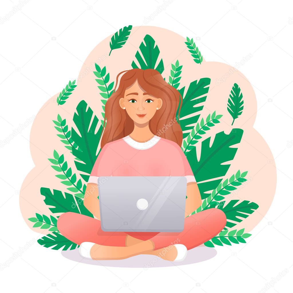 Cute red haired woman sits at a laptop while sitting in nature. Flat vector illustration of freelance, work at home, work, office, education. Remote work and communication in social networks.