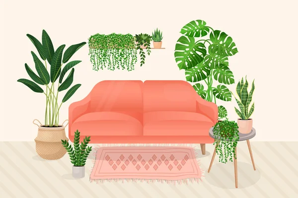 Interior Sala Sofá Confortável Mesa Com Plantas Tapete Ficus Monstera — Vetor de Stock