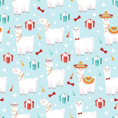 Mavi arka planda hediyeler ve dekorlarla şapkalı komik lamalara sahip kusursuz bir desen. Bebek dokusu, tekstil, kumaş, poster ve tebrik kartı için uygun vektör çizimi. Peru 'dan tatlı alpaka.