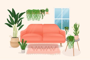 Oturma odasının içi. Rahat bir kanepe, pencere, bitkilerle dolu bir masa, halı, incir ağacı, canavar. Odanın vektör düz çizimi.